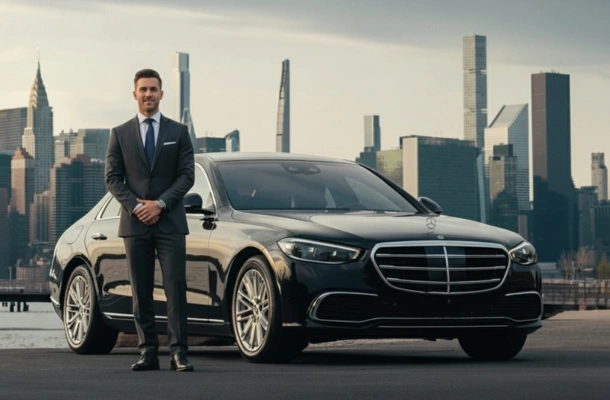 boston to newyork car service blcs A professional chauffeur standing with luxury sedan, New York City in the background.